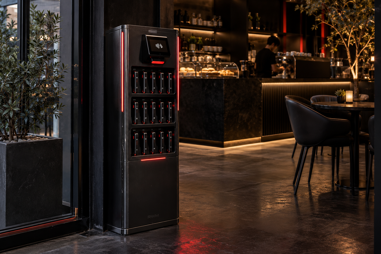 Concept power-bank rental station in a contemporary café