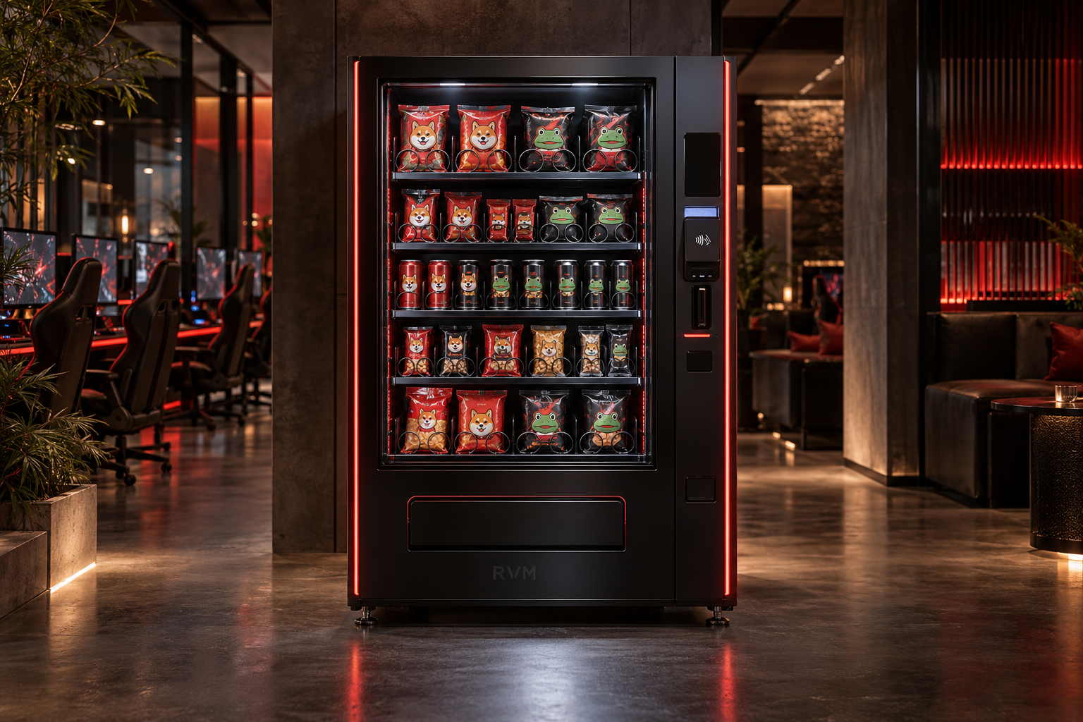 Concept visualization of an RWM-branded vending machine in a gaming café